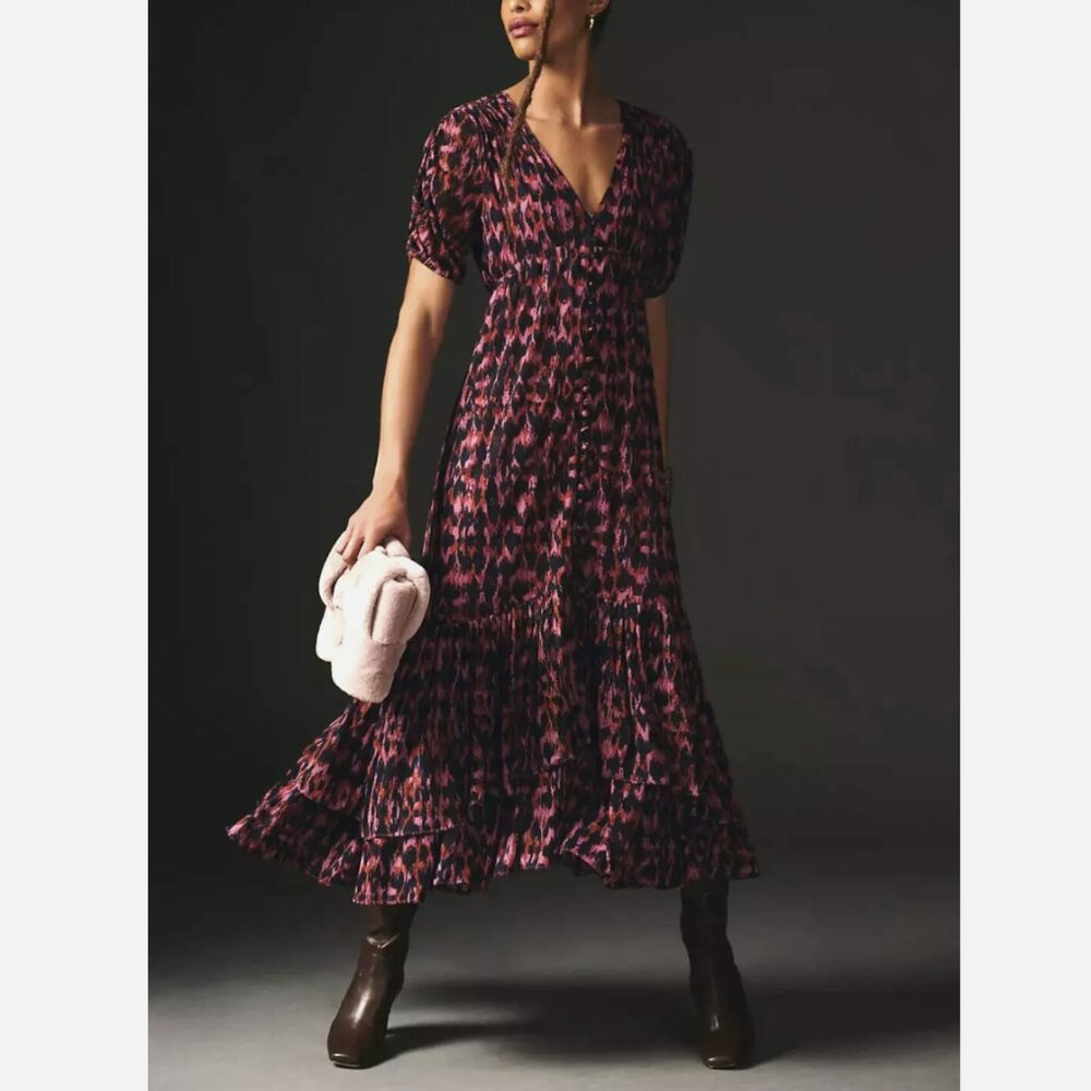 Anthropologie Purple Printed Ruched-Sleeve Mesh Lined Maxi Dress